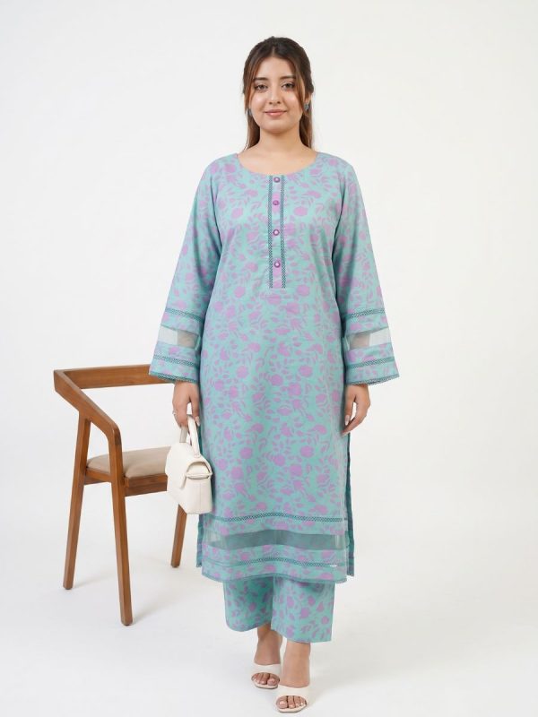 2-Piece Soft Mint blue Lawn Suit with Lavender Floral Print