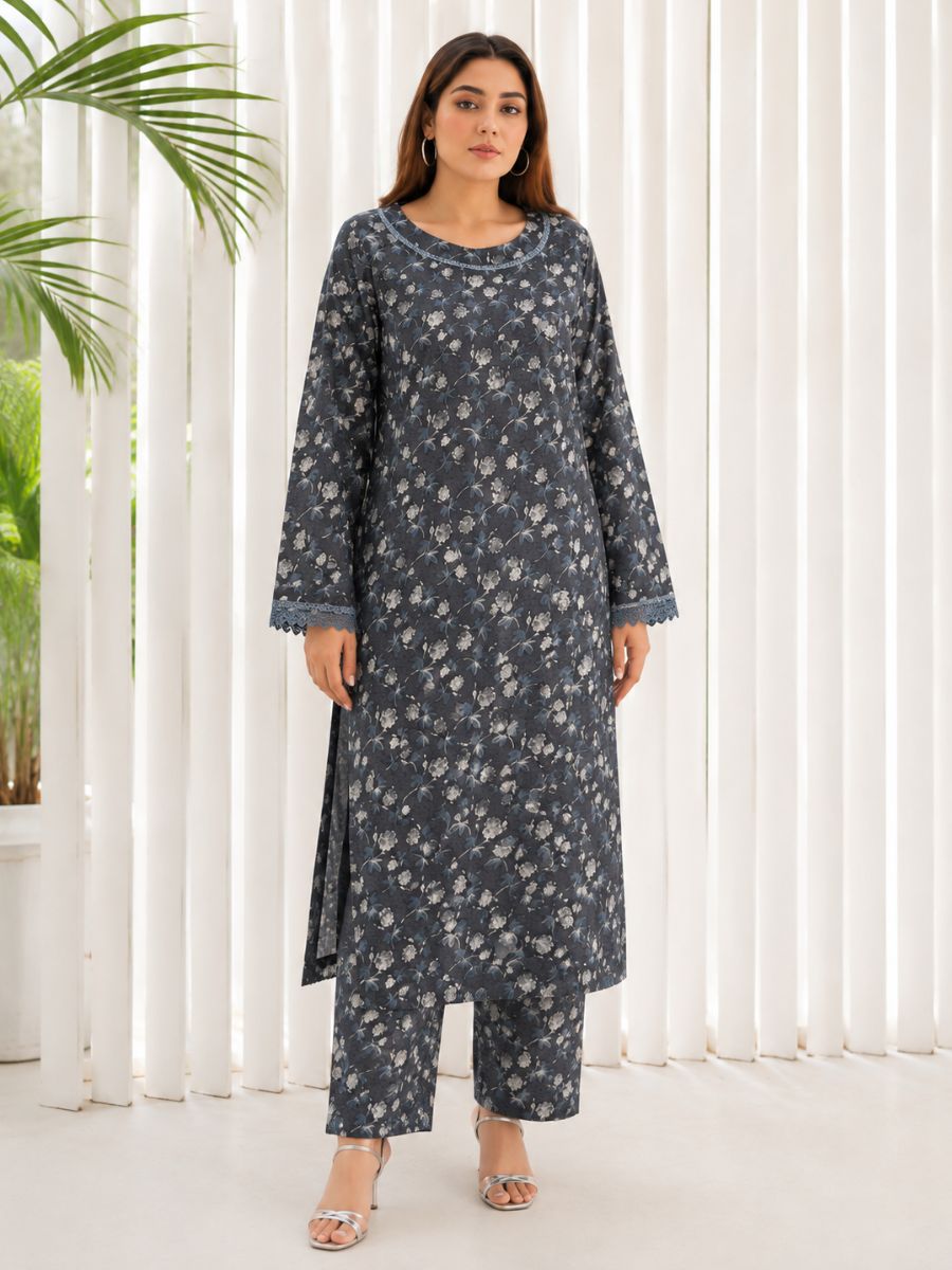 2-Piece Black & Grey Lawn Suit